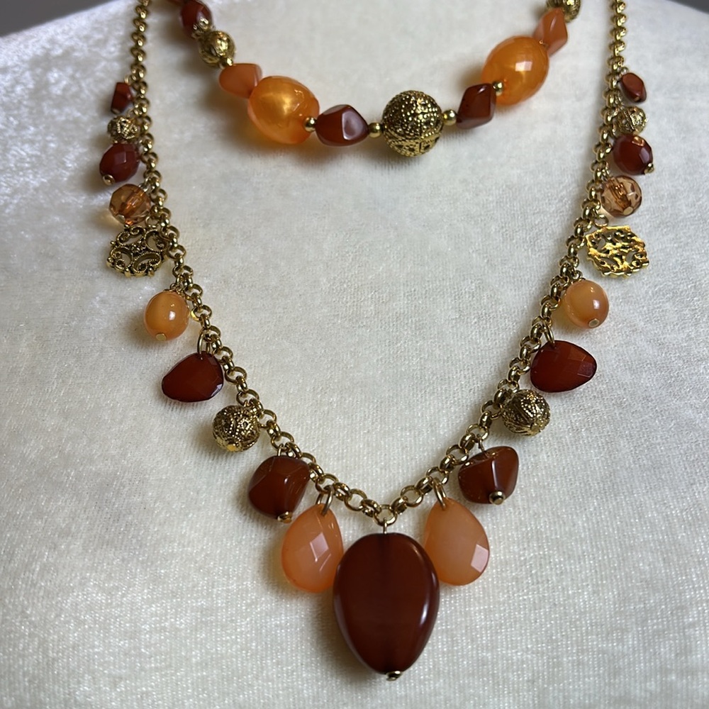 VTG Boho Robert Rose Two Strand Beaded Necklace Set Gold Tone Filigree